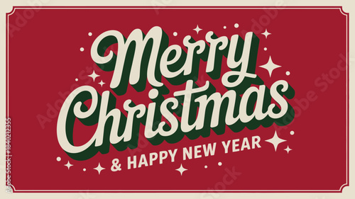 Retro Merry Christmas and Happy New Year greeting card with bold vintage typography, sparkles and festive red background for seasonal holiday designs