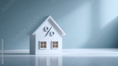 Minimalistic white house model with percentage symbol on roof representing mortgage interest rates and real estate finance concept in soft blue background