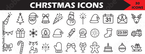 Christmas and New Year Icon Set, Christmas icon set, Winter party icons, Black and white Christmas icons, Candy cane and stocking symbols, Holiday symbol vector, Gift and ornament icons, Holiday stick