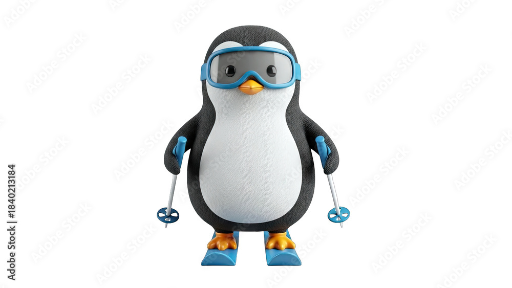 Fototapeta premium Penguin Skiing with Goggles on White Background