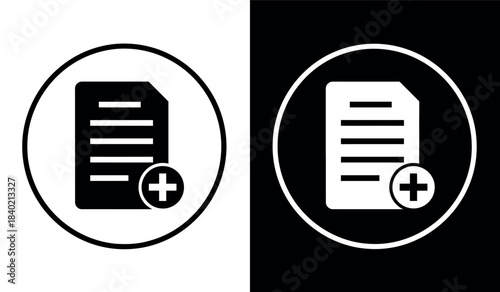 Document icon plus sign illustration Black and white