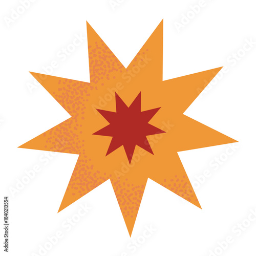 Stylized abstract starburst with layered orange and red stars. Geometric festive shape with dotted texture