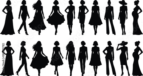 Elegant women fashion silhouettes collection illustration, female models wearing dresses hats and stylish outfits poses set, cad drawing flat vector illustration