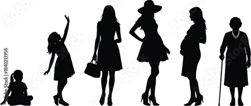 Woman's Life Stages from Childhood to Seniority Silhouette Evolution, Growth, Aging Process, Pregnancy, Maturity, Vector