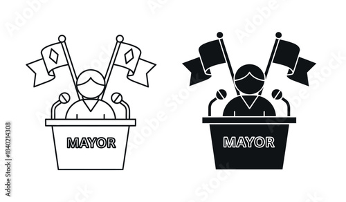 Mayor Protestor speaking at rally with raised flags illustration