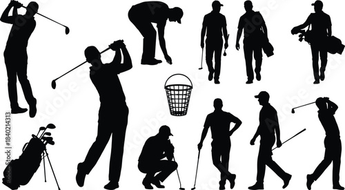 Golf player silhouettes collection illustration, athletes swinging putting walking with clubs in dynamic poses, professional sports concept artwork, cad drawing flat vector illustration
