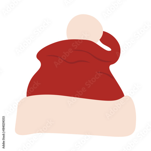 Red Santa hat with fluffy brim and pompom, simple flat Christmas icon