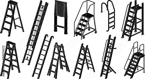 Industrial ladder silhouettes collection illustration, step ladders extension ladders rolling platforms and safety climbing equipment set, cad drawing flat vector illustration