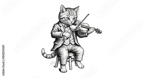 Dapper Cat Musician Playing Violin in Formal Attire animal feline