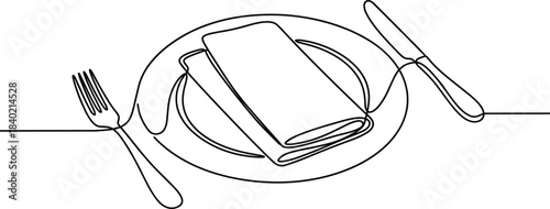Minimalist single line table setting illustration, elegant dinner plate with napkin, fork and knife art, cad drawing flat vector illustration