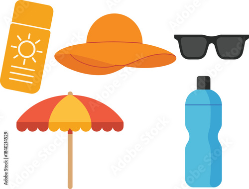Summer essentials illustration featuring sunscreen, sun hat, sunglasses, beach umbrella, and water bottle, perfect for vacation, travel, outdoor safety designs