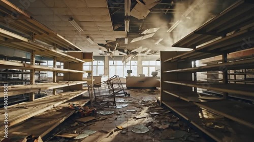 Abandoned supermarket interior with empty shelves and debris