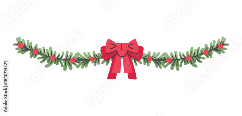 Holiday Evergreen Garland Divider with Red Ribbon and Holly Berries