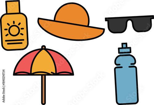 Summer essentials illustration featuring sunscreen, sun hat, sunglasses, beach umbrella, and water bottle, perfect for vacation, travel, outdoor safety designs