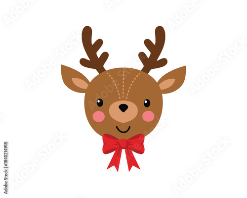 Cute Christmas Reindeer Head with Red Bow Tie Cartoon Illustration