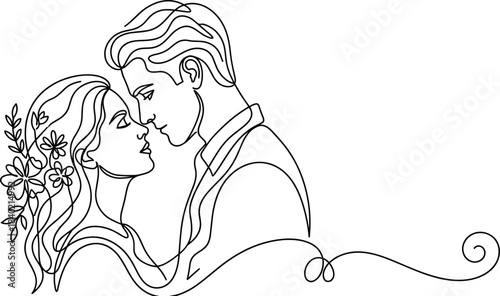 Romantic couple line art illustration, elegant continuous drawing of man and woman in love, floral detail design, cad drawing flat vector illustration