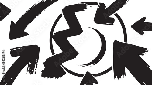 Grunge Hand-Drawn Arrow & Zigzag Set: Bold Black Brush Stroke Directional Design Elements