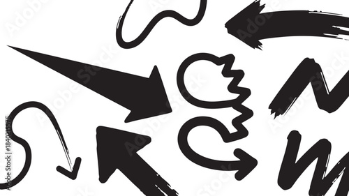 Grunge Hand-Drawn Arrow & Zigzag Set: Bold Black Brush Stroke Directional Design Elements