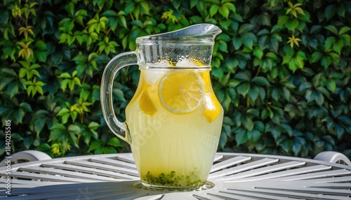 A refreshing glass pitcher of lemonade with ice and lemon slices on an outdoor table against green foliage