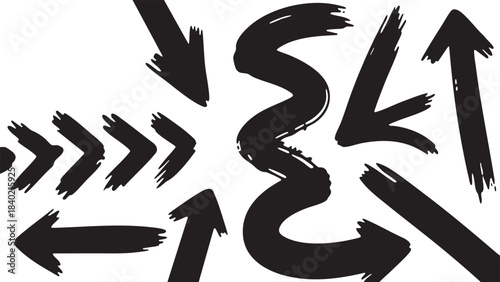 Grunge Hand-Drawn Arrow Set: Bold Black Brush Stroke Directional Pointers