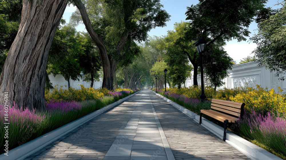 Fototapeta premium Tree lined path with wooden bench, cobblestone walkway, blooming flowers, green foliage, peaceful atmosphere, outdoor park