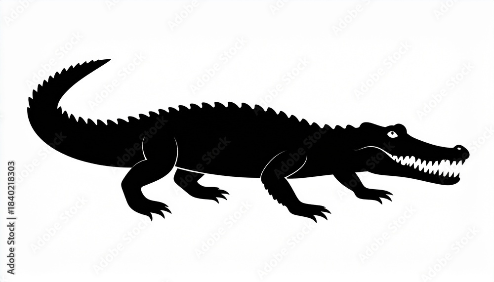 Fototapeta premium Crocodile silhouette vector with sharp teeth and bold solid shape, clean minimal design ideal for logos, wildlife icons, reptile graphics and branding elements. 