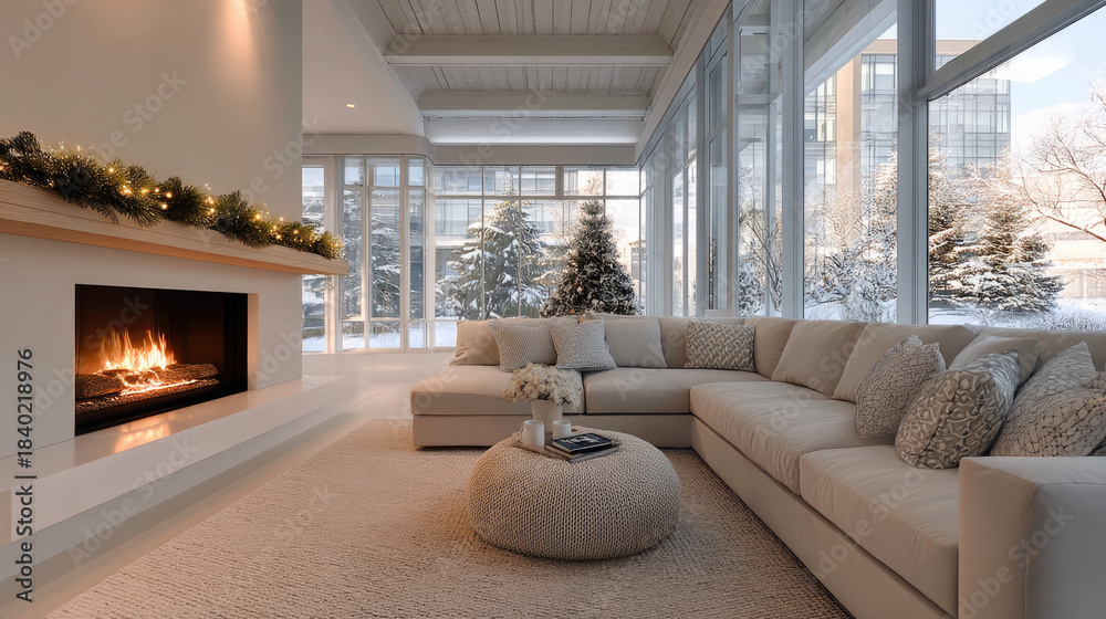 Fototapeta premium Cozy modern living room with large windows, beige sectional sofa, fireplace, winter view, and soft natural light create warm inviting atmosphere