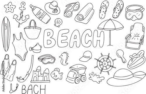 Hand drawn vector set of beach-themed doodles and summer objects with bold BEACH text in the center. Vacation and seaside fun concept with various holiday items for kids and adults black and white 