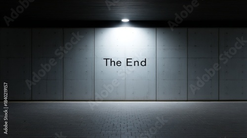 A minimalistic image showing a wall with the words The End. The stark lighting creates a dramatic effect. This style captures a sense of conclusion and finality. AI