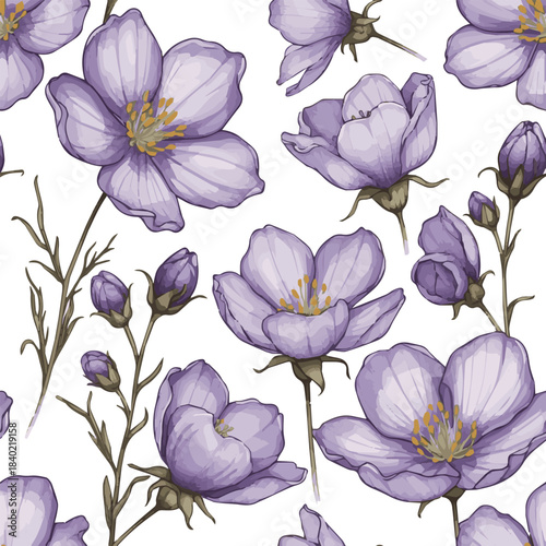 Create a kinds of deferent realistic beautiful single light purple flower with delicate petals and a yellow center perfect as a clean .vector art with white background.