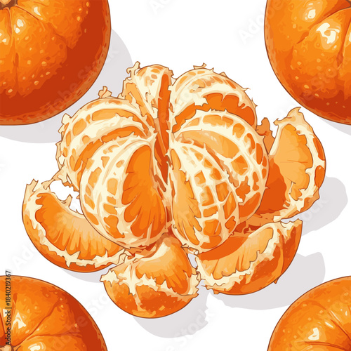 Create a kinds of deferent realistic Bright orange mandarin segments are peeled and separated, showcasing their natural texture as a fresh, vector art with white background.