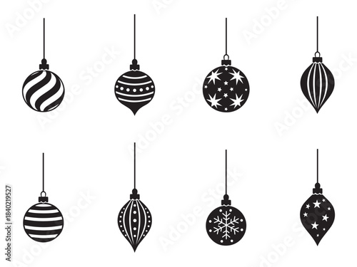 Christmas ornament icon set with black and white hanging baubles