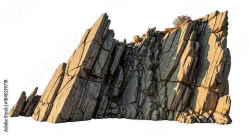 A rocky cliff formation with a tree on top, illuminated by sunlight, with a white background.