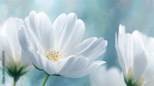 Close-up of delicate white flowers in soft natural light, highlighting gentle petals, fresh textures and a calm, airy mood with a dreamy botanical aesthetic.