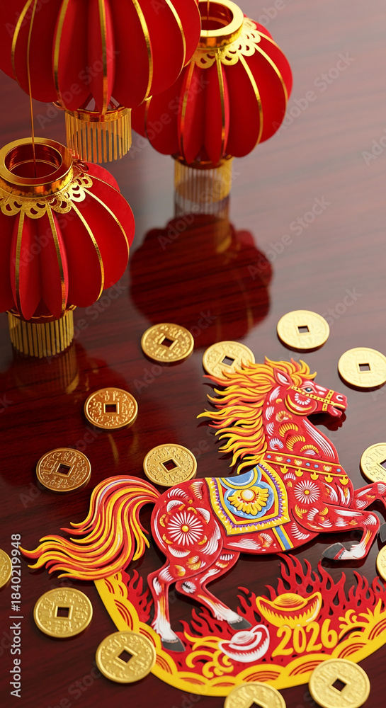Fototapeta premium Red Chinese lanterns and a horse figurine on a wood surface, surrounded by gold coins, representing the Year of the Horse and prosperity celebrations