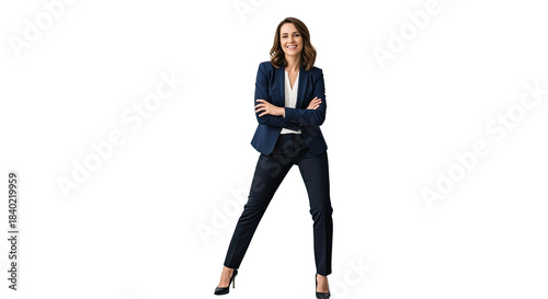 A confident businesswoman standing confidently with her arms crossed, wearing a navy blue suit and black pants, against a white background.