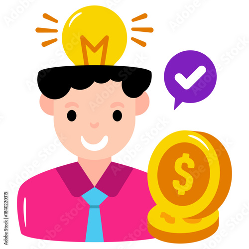 Dollar and lightbulb with avatar showcasing creative investor icon 