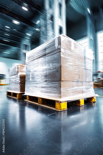 A pallet wrapper works in a large modern warehouse wrapping pallets that hold boxes. The background shows a busy industrial space with a sleek design