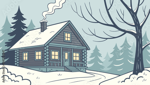 Winter Cabin in Snow: A serene winter scene depicts a charming cabin nestled amidst a snow-covered landscape. Smoke gently billows from the chimney, inviting warmth and coziness.