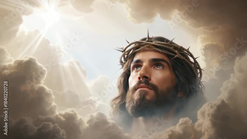 Jesus wearing crown of thorns looking toward heaven beneath dramatic cloudy sky with divine light shining down, symbolizing Easter, Good Friday, Ascension, Lent, faith, forgiveness, hope, peace