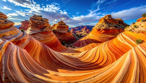 Eroded sandstone canyon with striped patterns under a blue sky and clouds in Arizona or Utah, USA