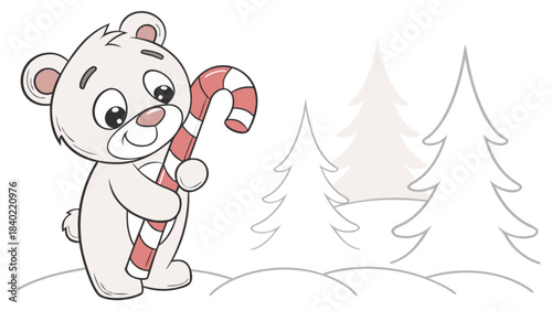 Polar Bear's Sweet Treat: An adorable illustration of a polar bear cub clutching a candy cane in a snowy forest scene, full of warmth, cheer and holiday spirit.