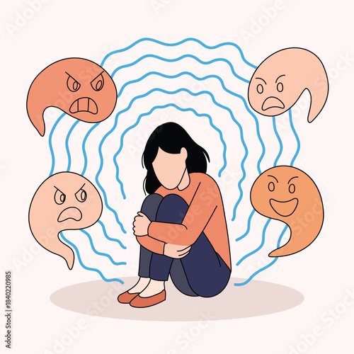 Schizophrenia concept with distressed woman and distorted shapes