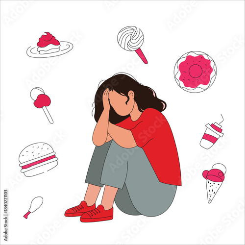 Eating disorder concept with distressed woman and food cravings