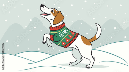 Winter Wonderland: A cheerful canine clad in a festive sweater leaps with glee amidst a gentle snowfall in the winter wonderland, embodying the spirit of joyous celebration.