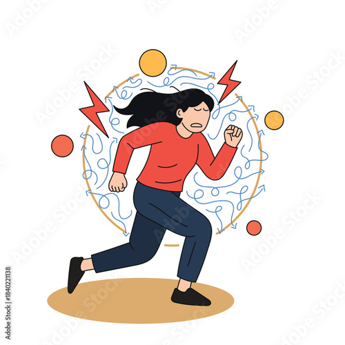 ADHD concept with overwhelmed woman running