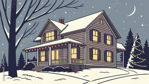 Cozy Winter Home: An inviting house adorned with festive lights sits nestled amidst a snowy winter scene, with a crescent moon and softly falling snowflakes completing the peaceful panorama.