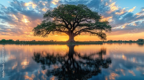 Majestic tree mirrored in tranquil water at sunset