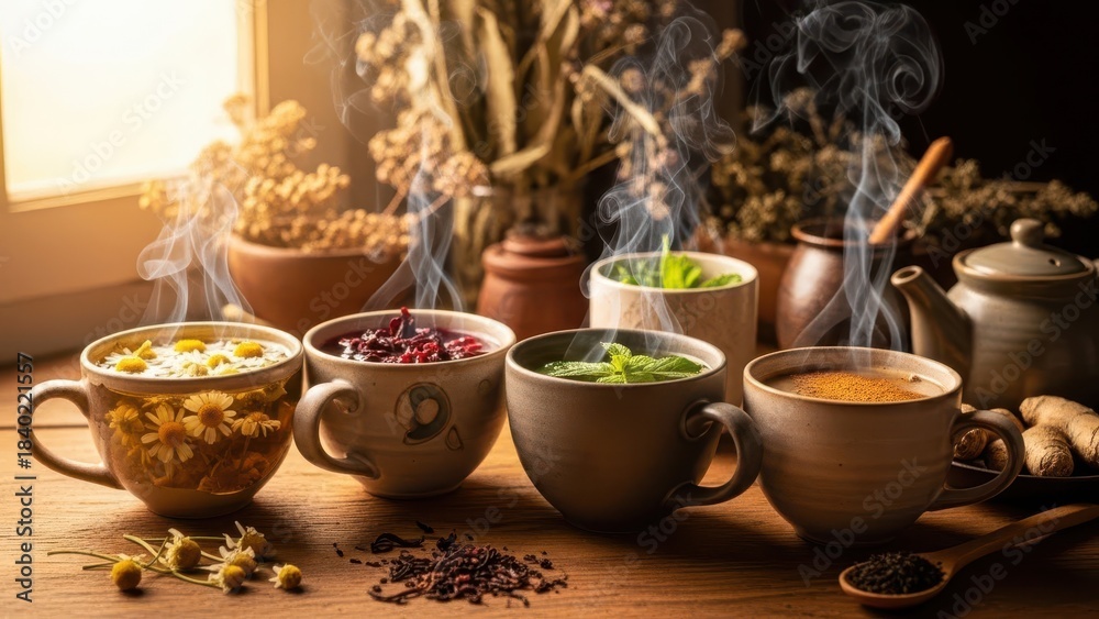 Fototapeta premium Aromatic herbal teas steaming in rustic mugs on a wooden table, surrounded by dried herbs and natural light from a window, evoking warmth and wellness