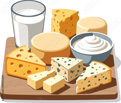 Create a kinds of deferent realistic healthy assortment of fresh dairy products like milk, various cheeses, and creamy yogurt is presented on a wooden board .vector art with white background.
